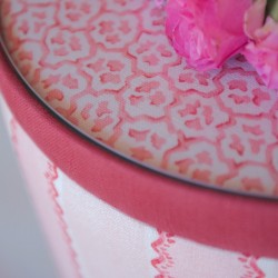 Glentress Glass Insert with Band Drum Stool 38 x 46cm (15 x 18") in Custom Fabric: TOP Linwood Hopscotch Strawberry, BAND Pure Cotton Cherry, BODY Linwood Croquet Rhubarb - No Trim Glentress Glass Insert with Band Drum Stool 38 x 46cm (15 x 18") in Custom Fabric: TOP Linwood Hopscotch Strawberry, BAND Pure Cotton Cherry, BODY Linwood Croquet Rhubarb - No Trim