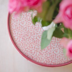 Glentress Glass Insert with Band Drum Stool 38 x 46cm (15 x 18") in Custom Fabric: TOP Linwood Hopscotch Strawberry, BAND Pure Cotton Cherry, BODY Linwood Croquet Rhubarb - No Trim Glentress Glass Insert with Band Drum Stool 38 x 46cm (15 x 18") in Custom Fabric: TOP Linwood Hopscotch Strawberry, BAND Pure Cotton Cherry, BODY Linwood Croquet Rhubarb - No Trim