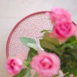 Glentress Glass Insert with Band Drum Stool 38 x 46cm (15 x 18") in Custom Fabric: TOP Linwood Hopscotch Strawberry, BAND Pure Cotton Cherry, BODY Linwood Croquet Rhubarb - No Trim Glentress Glass Insert with Band Drum Stool 38 x 46cm (15 x 18") in Custom Fabric: TOP Linwood Hopscotch Strawberry, BAND Pure Cotton Cherry, BODY Linwood Croquet Rhubarb - No Trim