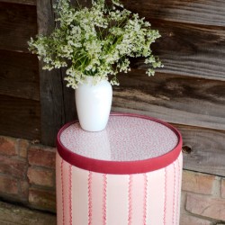 Glentress Glass Insert with Band Drum Stool 38 x 46cm (15 x 18") in Custom Fabric: TOP Linwood Hopscotch Strawberry, BAND Pure Cotton Cherry, BODY Linwood Croquet Rhubarb - No Trim Glentress Glass Insert with Band Drum Stool 38 x 46cm (15 x 18") in Custom Fabric: TOP Linwood Hopscotch Strawberry, BAND Pure Cotton Cherry, BODY Linwood Croquet Rhubarb - No Trim