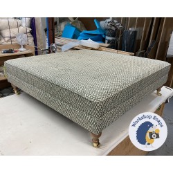 Design Change Fernworthy Shallow Buttoned Footstool with Border 122x122cm (48x48ins) in COM Namay Samay Lerio Deep Green - Additional Buttons + Pad Height Increase by 7cm - Border set at 11cm - 6ins Castor Oak Leg 9488