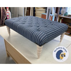 Kinver Deep Buttoned Footstool 102 x 76cm (40 x 30") in COM Titley & Marr Tick Tack Indigo - Vintage Corner Studs - 25cm Tapered Bobbin Leg Liming Wax 9468 Kinver Deep Buttoned Footstool 102 x 76cm (40 x 30") in COM Titley & Marr Tick Tack Indigo - Vintage Corner Studs - 25cm Tapered Bobbin Leg Liming Wax 9468