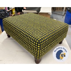 Wentwood Plain Top Footstool with Border 81 x 61cm (32 x 24") in COM Harlequini Polka Charcoal Linen - Pad Height Increase by 6cm - Contrast Piped in JBrown Harbour Midnight - Border at 12cm - No Trimi - 12.7cm Turned Leg Mahogany 9551
