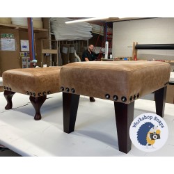 2x Cannock Shallow Buttoned Footstool 61 x 41cm (24 x 16") in Antique Matt Leather Honey - Corner 25mm Vintage Studs - 22.9cm Tapered Leg Mahogany 9642 2x Cannock Shallow Buttoned Footstool 61 x 41cm (24 x 16") in Antique Matt Leather Honey - Corner 25mm Vintage Studs - 22.9cm Tapered Leg Mahogany 9642