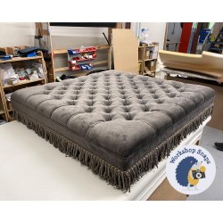 Glenmore Deep Buttoned Footstool with Border 122 x 122cm (48 x 48") House Velvet Slate with Customers Own Trim Bouillon Fringe - 12.7cm Turned Leg Mahogany 9617 Glenmore Deep Buttoned Footstool with Border 122 x 122cm (48 x 48") House Velvet Slate with Customers Own Trim Bouillon Fringe - 12.7cm Turned Leg Mahogany 9617