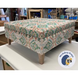 Heartwood Plain & Piped Lid Medium Depth Storage Footstool 91 x 91cm (36 x 36") in Linwood Kami Emerald - 15.2cm Concave Tapered Leg Oiled Oak 9635