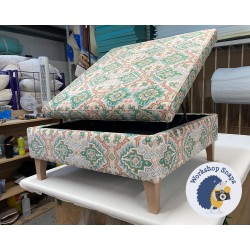 Heartwood Plain & Piped Lid Medium Depth Storage Footstool 91 x 91cm (36 x 36") in Linwood Kami Emerald - 15.2cm Concave Tapered Leg Oiled Oak 9635