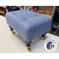 Cannock Shallow Buttoned Footstool 46 x 33cm (18 x 13") in House Cotton Sapphire - 15.2cm Castor Leg Mahogany 9728