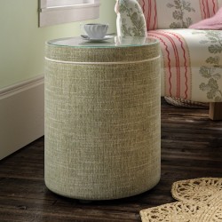 Gosford Glass Insert with Band & Piping Drum Stool 38 x 46cm (15 x 18") in House Weave Sage - Contrast Piped in House Cotton Vanilla - No Trim