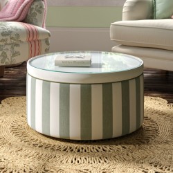 Gosford Glass Insert with Band & Piping Drum Stool 61 x 33cm (24 x 13") Custom Fabric: TOP & BAND Pure Cotton Snow, PIPING Wool Plain Willow, BODY Ian Mankin Devon Stripe Sage - No Trim
