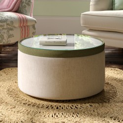 Glentress Glass Insert with Band Drum Stool 61 x 33cm (24 x 13") in Custom Fabric: TOP House Weave Linen, BAND Wool Plain Willow, BODY House Weave Linen - No Trim