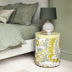 Glentress Glass Insert with Band Drum Stool 38 x 46cm (15 x 18") in Custom Fabric: TOP & BAND Linwood Hopscotch Mustard, BODY Rapture & Wright Tabriz Pale Celadon - No Trim Glentress Glass Insert with Band Drum Stool 38 x 46cm (15 x 18") in Custom Fabric: TOP & BAND Linwood Hopscotch Mustard, BODY Rapture & Wright Tabriz Pale Celadon - No Trim