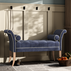 Brignall Deep Buttoned Top Scroll Arm Bench Stool 139 x 48cm (54 x 19") in Easycare Velvet Atlantic, Contrast Piped, with Light Legs Brignall Deep Buttoned Top Scroll Arm Bench Stool 139 x 48cm (54 x 19") in Easycare Velvet Atlantic, Contrast Piped, with Light Legs