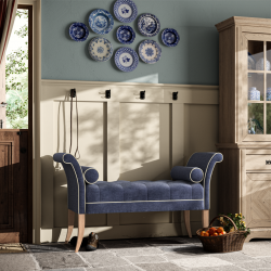 Brignall Deep Buttoned Top Scroll Arm Bench Stool 139 x 48cm (54 x 19") in Easycare Velvet Atlantic, Contrast Piped, with Light Legs Brignall Deep Buttoned Top Scroll Arm Bench Stool 139 x 48cm (54 x 19") in Easycare Velvet Atlantic, Contrast Piped, with Light Legs
