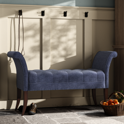 Brignall Deep Buttoned Top Scroll Arm Bench Stool 139 x 48cm (54 x 19") in Easycare Velvet Atlantic, Self Piped, with Dark Legs Brignall Deep Buttoned Top Scroll Arm Bench Stool 139 x 48cm (54 x 19") in Easycare Velvet Atlantic, Self Piped, with Dark Legs