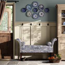 Brignall Deep Buttoned Top Scroll Arm Bench Stool 139 x 48cm (54 x 19") in Fermoie Savernake SAVE-006, Contrast Piped, with Dark Legs Brignall Deep Buttoned Top Scroll Arm Bench Stool 139 x 48cm (54 x 19") in Fermoie Savernake SAVE-006, Contrast Piped, with Dark Legs