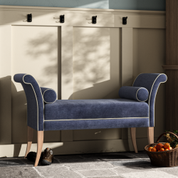 Broxbourne Plain Top Scroll Arm Bench Stool 139 x 48cm (54 x 19") in Easycare Velvet Atlantic, Contrast Piped in House Cotton Vanilla, Light Legs Broxbourne Plain Top Scroll Arm Bench Stool 139 x 48cm (54 x 19") in Easycare Velvet Atlantic, Contrast Piped in House Cotton Vanilla, Light Legs