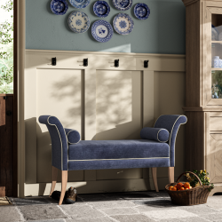 Broxbourne Plain Top Scroll Arm Bench Stool 139 x 48cm (54 x 19") in Easycare Velvet Atlantic, Contrast Piped in House Cotton Vanilla, Light Legs Broxbourne Plain Top Scroll Arm Bench Stool 139 x 48cm (54 x 19") in Easycare Velvet Atlantic, Contrast Piped in House Cotton Vanilla, Light Legs