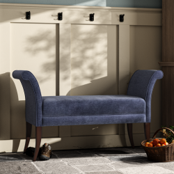 Broxbourne Plain Top Scroll Arm Bench Stool 139 x 48cm (54 x 19") in Easycare Velvet Atlantic, Self Piped, Dark Legs Broxbourne Plain Top Scroll Arm Bench Stool 139 x 48cm (54 x 19") in Easycare Velvet Atlantic, Self Piped, Dark Legs