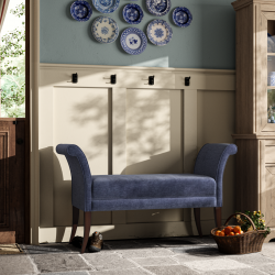 Broxbourne Plain Top Scroll Arm Bench Stool 139 x 48cm (54 x 19") in Easycare Velvet Atlantic, Self Piped, Dark Legs Broxbourne Plain Top Scroll Arm Bench Stool 139 x 48cm (54 x 19") in Easycare Velvet Atlantic, Self Piped, Dark Legs