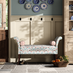 Broxbourne Plain Top Scroll Arm Bench Stool 139 x 48cm (54 x 19") in Charlotte Gaisford Elizabeth Blue, Contrast Piped in House Cotton Vanilla, Dark Legs Broxbourne Plain Top Scroll Arm Bench Stool 139 x 48cm (54 x 19") in Charlotte Gaisford Elizabeth Blue, Contrast Piped in House Cotton Vanilla, Dark Legs