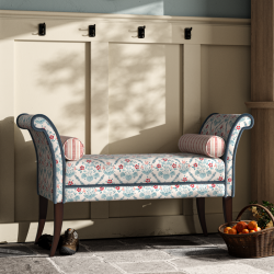 Broxbourne Plain Top Scroll Arm Bench Stool 139 x 48cm (54 x 19") in Charlotte Gaisford Elizabeth Blue, Customers Own Trim Samuel & Sons Aria Silk Brush Fringe, Dark Legs Broxbourne Plain Top Scroll Arm Bench Stool 139 x 48cm (54 x 19") in Charlotte Gaisford Elizabeth Blue, Customers Own Trim Samuel & Sons Aria Silk Brush Fringe, Dark Legs