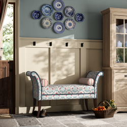 Broxbourne Plain Top Scroll Arm Bench Stool 139 x 48cm (54 x 19") in Charlotte Gaisford Elizabeth Blue, Customers Own Trim Samuel & Sons Aria Silk Brush Fringe, Dark Legs Broxbourne Plain Top Scroll Arm Bench Stool 139 x 48cm (54 x 19") in Charlotte Gaisford Elizabeth Blue, Customers Own Trim Samuel & Sons Aria Silk Brush Fringe, Dark Legs