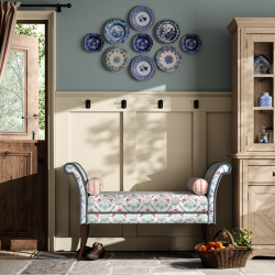 Broxbourne Plain Top Scroll Arm Bench Stool 139 x 48cm (54 x 19") in Charlotte Gaisford Elizabeth Blue, Customers Own Trim Samuel & Sons Aria Silk Brush Fringe, Dark Legs Broxbourne Plain Top Scroll Arm Bench Stool 139 x 48cm (54 x 19") in Charlotte Gaisford Elizabeth Blue, Customers Own Trim Samuel & Sons Aria Silk Brush Fringe, Dark Legs