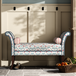 Broxbourne Plain Top Scroll Arm Bench Stool 139 x 48cm (54 x 19") in Charlotte Gaisford Elizabeth Blue, Customers Own Trim Samuel & Sons Aria Silk Brush Fringe, Dark Legs Broxbourne Plain Top Scroll Arm Bench Stool 139 x 48cm (54 x 19") in Charlotte Gaisford Elizabeth Blue, Customers Own Trim Samuel & Sons Aria Silk Brush Fringe, Dark Legs