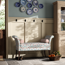 Broxbourne Plain Top Scroll Arm Bench Stool 139 x 48cm (54 x 19") in Charlotte Gaisford Elizabeth Blue, Contrast Piped in House Cotton Vanilla, Dark Legs