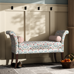 Broxbourne Plain Top Scroll Arm Bench Stool 139 x 48cm (54 x 19") in Charlotte Gaisford Elizabeth Blue, Contrast Piped in House Cotton Vanilla, Dark Legs