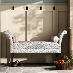 Broxbourne Plain Top Scroll Arm Bench Stool 139 x 48cm (54 x 19") in Charlotte Gaisford Elizabeth Blue, Contrast Piped in House Cotton Vanilla, Dark Legs