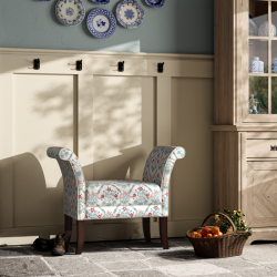Broxbourne Plain Top Scroll Arm Bench Stool 88 x 39cm (35 x 15") in Charlotte Gaisford Elizabeth Blue, Contrast Piped in House Cotton Vanilla, Dark Legs Broxbourne Plain Top Scroll Arm Bench Stool 88 x 39cm (35 x 15") in Charlotte Gaisford Elizabeth Blue, Contrast Piped in House Cotton Vanilla, Dark Legs