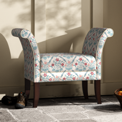 Broxbourne Plain Top Scroll Arm Bench Stool 88 x 39cm (35 x 15") in Charlotte Gaisford Elizabeth Blue, Contrast Piped in House Cotton Vanilla, Dark Legs Broxbourne Plain Top Scroll Arm Bench Stool 88 x 39cm (35 x 15") in Charlotte Gaisford Elizabeth Blue, Contrast Piped in House Cotton Vanilla, Dark Legs
