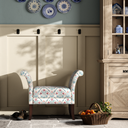 Broxbourne Plain Top Scroll Arm Bench Stool 88 x 39cm (35 x 15") in Charlotte Gaisford Elizabeth Blue, Contrast Piped in House Cotton Vanilla, Dark Legs Broxbourne Plain Top Scroll Arm Bench Stool 88 x 39cm (35 x 15") in Charlotte Gaisford Elizabeth Blue, Contrast Piped in House Cotton Vanilla, Dark Legs