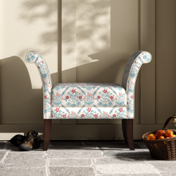 Broxbourne Plain Top Scroll Arm Bench Stool 88 x 39cm (35 x 15") in Charlotte Gaisford Elizabeth Blue, Contrast Piped in House Cotton Vanilla, Dark Legs Broxbourne Plain Top Scroll Arm Bench Stool 88 x 39cm (35 x 15") in Charlotte Gaisford Elizabeth Blue, Contrast Piped in House Cotton Vanilla, Dark Legs