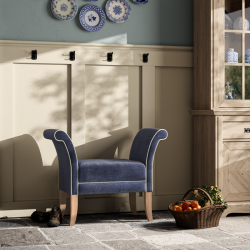 Broxbourne Plain Top Scroll Arm Bench Stool 88 x 39cm (35 x 15") in Easycare Velvet Atlantic, Contrast Piped in House Cotton Vanilla, Light Legs Broxbourne Plain Top Scroll Arm Bench Stool 88 x 39cm (35 x 15") in Easycare Velvet Atlantic, Contrast Piped in House Cotton Vanilla, Light Legs
