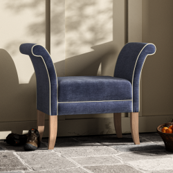 Broxbourne Plain Top Scroll Arm Bench Stool 88 x 39cm (35 x 15") in Easycare Velvet Atlantic, Contrast Piped in House Cotton Vanilla, Light Legs Broxbourne Plain Top Scroll Arm Bench Stool 88 x 39cm (35 x 15") in Easycare Velvet Atlantic, Contrast Piped in House Cotton Vanilla, Light Legs