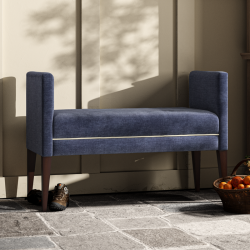 Brampton Plain Top Straight Arm Bench Stool 115 x 48cm (44 x 19") in Easycare Velvet Atlantic, Self Piped, with Dark Legs