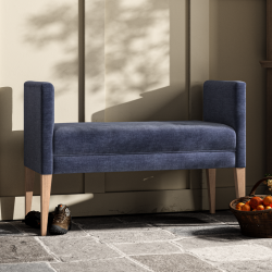 Brampton Plain Top Straight Arm Bench Stool 115 x 48cm (44 x 19") in Easycare Velvet Atlantic, Self Piped, with Dark Legs