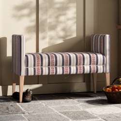 Brampton Plain Top Straight Arm Bench Stool 115 x 48cm (44 x 19") in Mulberry Home - Shelter Stripe Indigo/Red, Contrast Piped in House Cotton Vanilla, with Light Legs