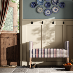 Brampton Plain Top Straight Arm Bench Stool 115 x 48cm (44 x 19") in Mulberry Home - Shelter Stripe Indigo/Red, Contrast Piped in House Cotton Vanilla, with Light Legs