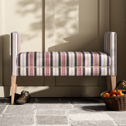 Brampton Plain Top Straight Arm Bench Stool 115 x 48cm (44 x 19") in Mulberry Home - Shelter Stripe Indigo/Red, Contrast Piped in House Cotton Vanilla, with Light Legs