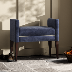Brampton Plain Top Straight Arm Bench Stool 74 x 39cm (29 x 15") in Easycare Velvet Atlantic, Contrast Piped in House Cotton Vanilla, with Dark Legs