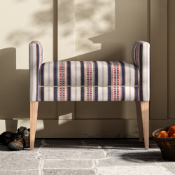 Brampton Plain Top Straight Arm Bench Stool 74 x 39cm (29 x 15") in Mulberry Home - Shelter Stripe Indigo/Red, Contrast Piped in House Cotton Vanilla, with Light Legs