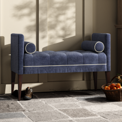 Burbage Deep Buttoned Top Straight Arm Bench Stool 112 x 48cm (44 x 19") in Easycare Velvet Atlantic, Contrast Piped in House Cotton Vanilla, with Dark Legs Burbage Deep Buttoned Top Straight Arm Bench Stool 112 x 48cm (44 x 19") in Easycare Velvet Atlantic, Contrast Piped in House Cotton Vanilla, with Dark Legs