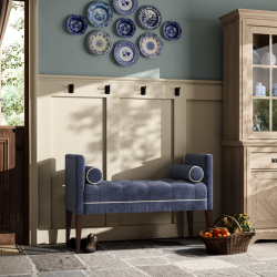 Burbage Deep Buttoned Top Straight Arm Bench Stool 112 x 48cm (44 x 19") in Easycare Velvet Atlantic, Contrast Piped in House Cotton Vanilla, with Dark Legs Burbage Deep Buttoned Top Straight Arm Bench Stool 112 x 48cm (44 x 19") in Easycare Velvet Atlantic, Contrast Piped in House Cotton Vanilla, with Dark Legs