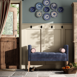 Burbage Deep Buttoned Top Straight Arm Bench Stool 112 x 48cm (44 x 19") in Easycare Velvet Atlantic, Contrast Piped in Flat Velvet Burgundy, with Light Legs Burbage Deep Buttoned Top Straight Arm Bench Stool 112 x 48cm (44 x 19") in Easycare Velvet Atlantic, Contrast Piped in Flat Velvet Burgundy, with Light Legs