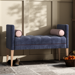 Burbage Deep Buttoned Top Straight Arm Bench Stool 112 x 48cm (44 x 19") in Easycare Velvet Atlantic, Contrast Piped in Flat Velvet Burgundy, with Light Legs Burbage Deep Buttoned Top Straight Arm Bench Stool 112 x 48cm (44 x 19") in Easycare Velvet Atlantic, Contrast Piped in Flat Velvet Burgundy, with Light Legs