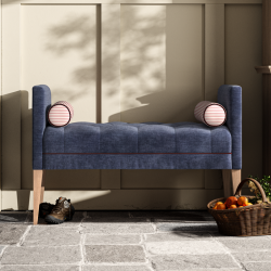 Burbage Deep Buttoned Top Straight Arm Bench Stool 112 x 48cm (44 x 19") in Easycare Velvet Atlantic, Contrast Piped in Flat Velvet Burgundy, with Light Legs Burbage Deep Buttoned Top Straight Arm Bench Stool 112 x 48cm (44 x 19") in Easycare Velvet Atlantic, Contrast Piped in Flat Velvet Burgundy, with Light Legs